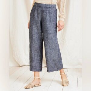 Garnet Hill Linen Cropped Wide Leg Pants Womens Size L Blue Flax Elastic Waist‎